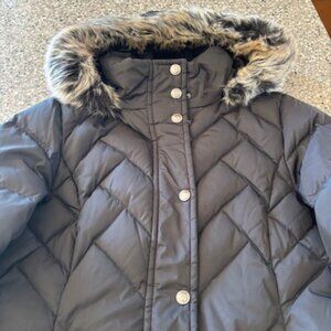 Women's Large London Fog 3/4 length puffer coat, fur trimmed removeable hood